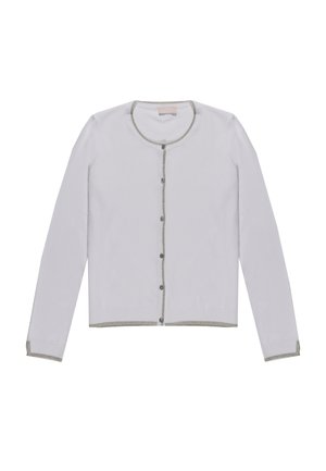 Cardigan bianco realizzato in tessuto leggero, caratterizzato da un collo rotondo, rifiniture argentate lungo i bordi e chiusura con bottoni sul davanti.