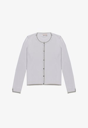 Weißer Cardigan aus leichtem Stoff, mit runder Ausschnittlinie, silberner Kante entlang der Ränder und Knopfverschluss vorne.