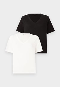 Two v-neck t-shirts, one black and one white, both made of soft cotton with short sleeves and a relaxed fit. Simple and versatile design.