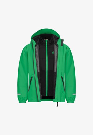 Grüne wasserdichte Jacke mit Kapuze, Reißverschluss und elastischen Bündchen über einer schwarzen isolierten Weste. Reißverschlusselemente in leuchtendem Grün.