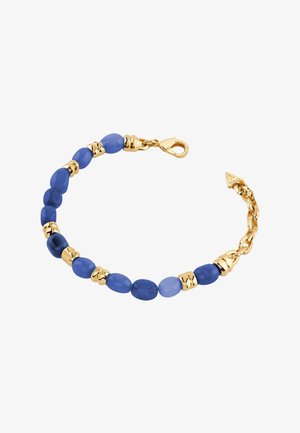 Goldkettchenarmband mit unregelmäßigen blauen Perlen und goldenen Abständen, ausgestattet mit Karabinerverschluss und verstellbarem Kettenende.
