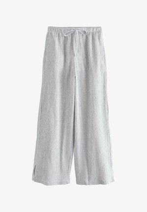 Pelēkas svītrainas plata piegriezuma bikses ar elastīgu vidukli, auklu, sānu šķēlumiem un teksturētu audumu.