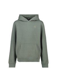 Kapuzensweatshirt aus gedämpftem grünem Stoff, mit einer Kängurutasche, gerippten Bündchen und Saum sowie einem kleinen Logo auf der Brust.