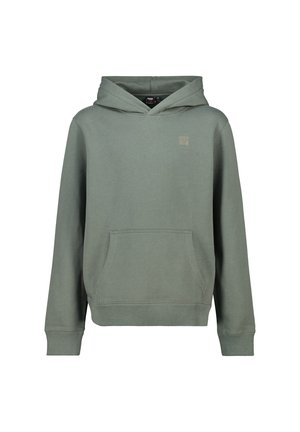 Felpa con cappuccio in tessuto verde tenue, dotata di tasca a marsupio, polsini e fondo a coste, e un piccolo logo sul petto.
