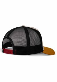 Trucker cap with a curved yellow brim, black mesh back, and gray front panel. Adjustable red strap at the rear for sizing.