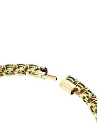 Zlatý náramok s zelenými drahokamami zobrazený otvorený, zvýrazňujúci mechanizmus zapínania a prepojené kruhové nastavenia.