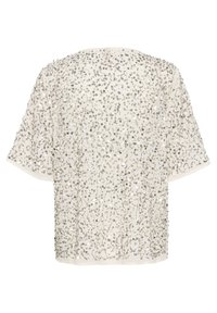 Krátky rukáv so zdobením z korálikov v off-white farbe so striebornými detailmi, vo voľnom strihu a s okrúhlym výstrihom. Textúrovaný povrch s flitrami.