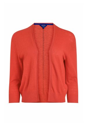 Cardigan in bright coral, lightweight knit material, open front, 3/4 length sleeves, ribbed cuffs and hem, subtle texture.