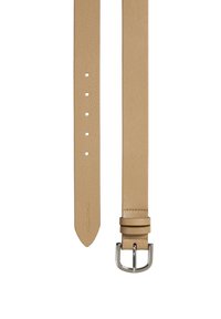 Tan leren riem met een gestructureerde afwerking, voorzien van vijf gaten voor verstelling, een zilveren metalen gesp en een gestikt leren lusje.