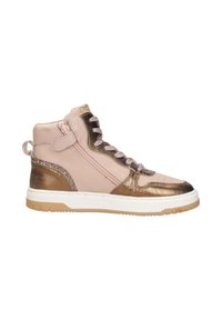 Roze hoge sneakers met metallic gouden accenten, textuur op het oppervlak en een witte rubberen zool. Beschikt over veters en een zijrits voor het afsluiten.
