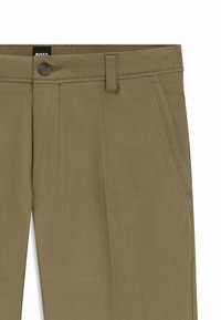 Pantalons kaki en tissu texturé avec une coupe droite, dotés d'une fermeture à bouton et de deux poches avant.