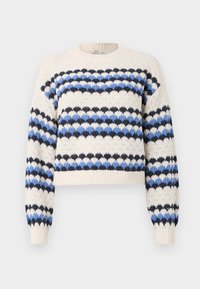 Strickpullover in Creme mit blauen und schwarzen Zickzackstreifen, mit rundem Ausschnitt und gerippten Bündchen. Verkürzter Schnitt mit strukturiertem Stoff.