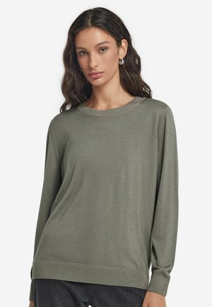 Olivenfarbener, langärmeliger Pullover aus weichem Stoff, mit Rundhalsausschnitt und lässiger Passform, mit gerippten Bündchen und Saum.