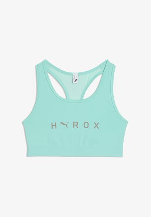 Hell türkisfarbener Sport-BH mit Racerback-Design und grauem "H Y R O X"-Logo auf der Vorderseite, mit kleinem Puma-Logo zwischen den Buchstaben.