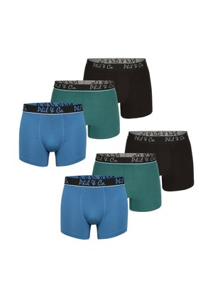 Tres pares de bóxers en azul, verde y negro. La cinturilla es negra con la marca en blanco "Phil & Co." Material suave de mezcla de algodón.