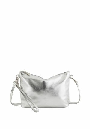 Silberne Metallic-Clutch mit abnehmbaren Handgelenk- und Schulterriemen, ausgestattet mit einem oberen Reißverschluss und einer glatten, strukturierten Oberfläche.