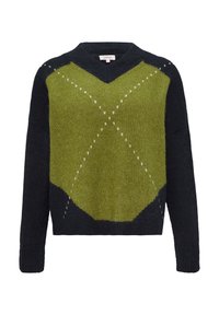 Sweter z dekoltem w serek, w zielonym kolorze z diamentowym wzorem i ciemnoniebieskimi rękawami. Dzianinowa struktura z białymi akcentującymi ściegami.