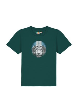 Teal katoenen t-shirt met een graphic van een tijger die een blauw-witte helm draagt, gecentreerd op de voorkant. Korte mouwen en een ronde hals.
