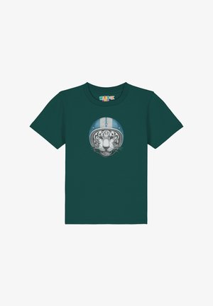 Türkisfarbenes Baumwoll-T-Shirt mit einem Grafikdesign eines Tigers, der einen blau-weißen Helm trägt, zentral auf der Vorderseite. Mit kurzen Ärmeln und Rundhalsausschnitt.