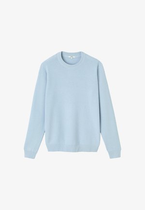 Pull tricoté bleu clair à col rond avec manches longues et poignets et ourlet côtelés, présenté sur un fond blanc.