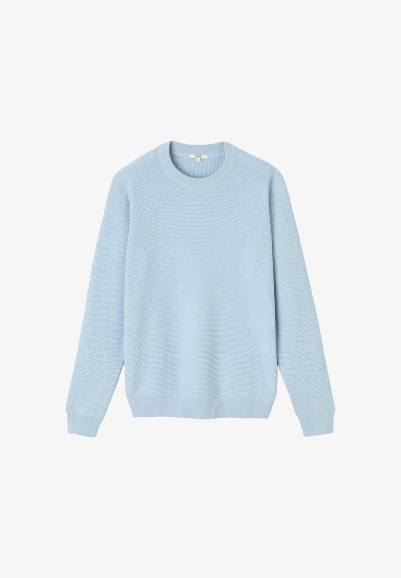 Pull tricoté bleu clair à col rond avec manches longues et poignets et ourlet côtelés, présenté sur un fond blanc.