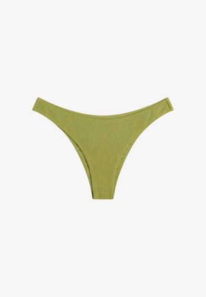 Olive green textured bikini bottom with a low-rise cut and narrow sides, displayed against a white background.