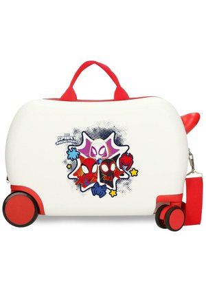 Maleta infantil blanca y roja con ruedas y asa roja, con personajes de Spider-Man de Marvel Spidey y Amigos Asombrosos en el frente.