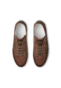 Un paio di sneaker casual in suede marrone con lacci marroni e occhielli dorati, viste dall'alto su uno sfondo bianco.