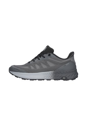 Gray waterproof athletic shoe with black laces, mesh upper, textured sole, and "Speed Comfort" label on the heel side.