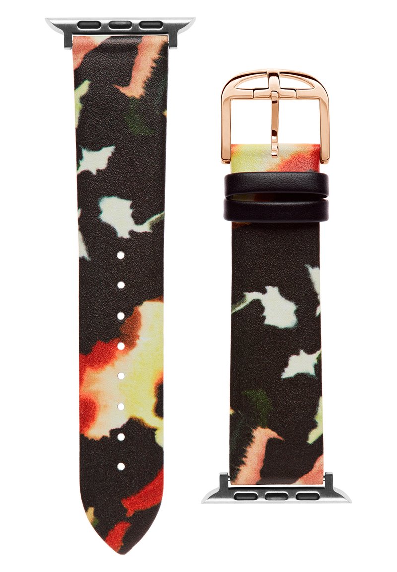 Correa de reloj de piel negra con patrón abstracto colorido, herrajes plateados y hebilla de oro rosado. Presenta agujeros ajustables para el tamaño.