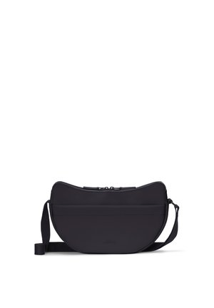Black half-moon shaped crossbody bag with front pocket, double zipper closure, and adjustable shoulder strap.