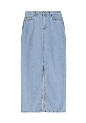 Jupe en denim bleu clair avec une coupe droite, fente sur le devant et design traditionnel à cinq poches. Comprend un bouton en métal et une fermeture éclair.