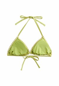 Top bikini verde con coppe a triangolo, bordo texturizzato e lacci al collo e alla schiena. Tessuto liscio e dettaglio arricciato per una vestibilità perfetta.