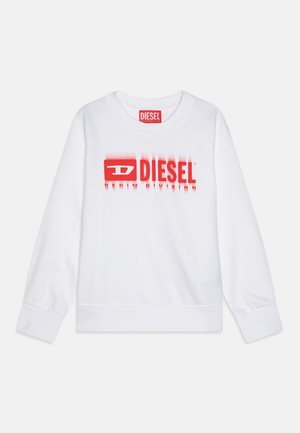 Felpa bianca con logo "DIESEL" sprayato di rosso. Collo rotondo, polsini e orlo a coste, realizzata in un morbido materiale misto cotone.
