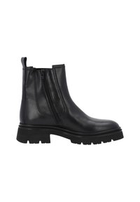 Black leather ankle boots with a smooth finish, featuring dual side zippers and a chunky rubber sole for traction.