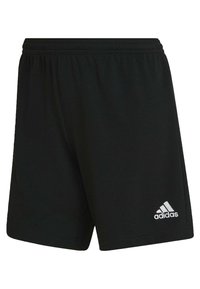 Black athletic shorts made of lightweight fabric, featuring an elastic waistband and silver Adidas logo on the lower right leg.