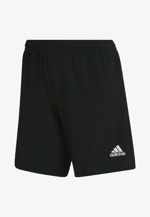 Pantalones cortos deportivos negros hechos de tela ligera, con una cintura elástica y el logo plateado de Adidas en la parte inferior derecha de la pierna.