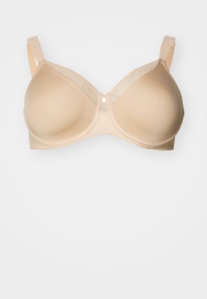 Beiger gepolsterter BH aus glattem, dehnbarem Stoff. Mit verstellbaren Trägern und einem Mittelverschluss. Einfaches Design, ohne Muster oder Verzierungen.