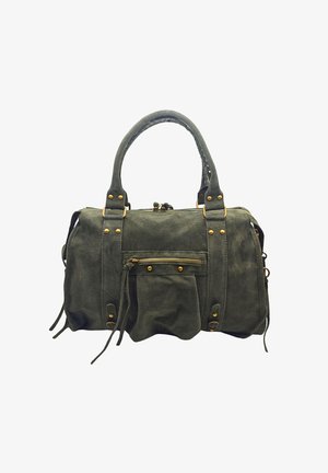 Sac à main en daim vert foncé avec poignées doubles, poche zippée sur le devant, quincaillerie dorée et sangles décoratives avec rivets.