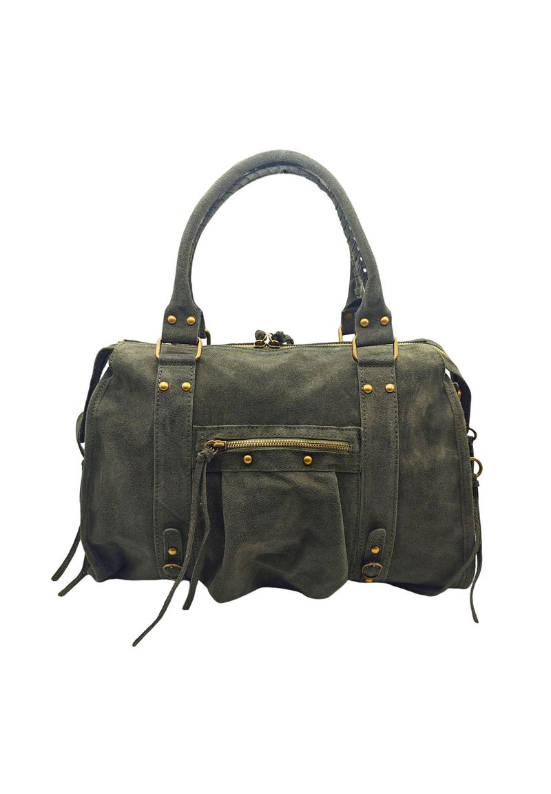 Sac à main en daim vert foncé avec poignées doubles, poche zippée sur le devant, quincaillerie dorée et sangles décoratives avec rivets.