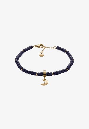 Pulsera de cuentas azul marino con acentos dorados, que presenta un charm de luna creciente y un cierre de langosta, diseño elegante y texturizado.