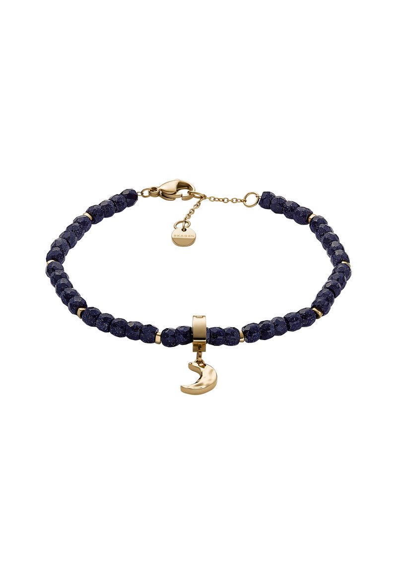Pulsera de cuentas azul marino con acentos dorados, que presenta un charm de luna creciente y un cierre de langosta, diseño elegante y texturizado.