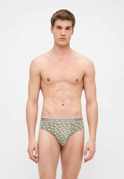 Mutande da uomo con design aderente, color verde oliva con motivi a logo bianchi e una morbida vita elastica.