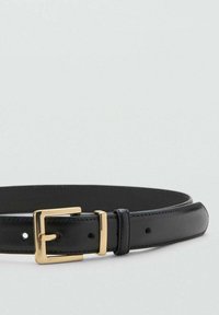 Black leather belt with a smooth texture, featuring a gold metal rectangular buckle and four adjustable holes for sizing.