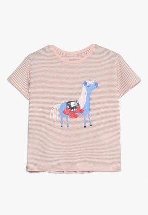 Rosa gestreiftes Kurzarmshirt für Kleinkinder mit einem blauen Pferde-Applikation, verziert mit einem silbernen Pailletten-Sattel und roten Quasten.