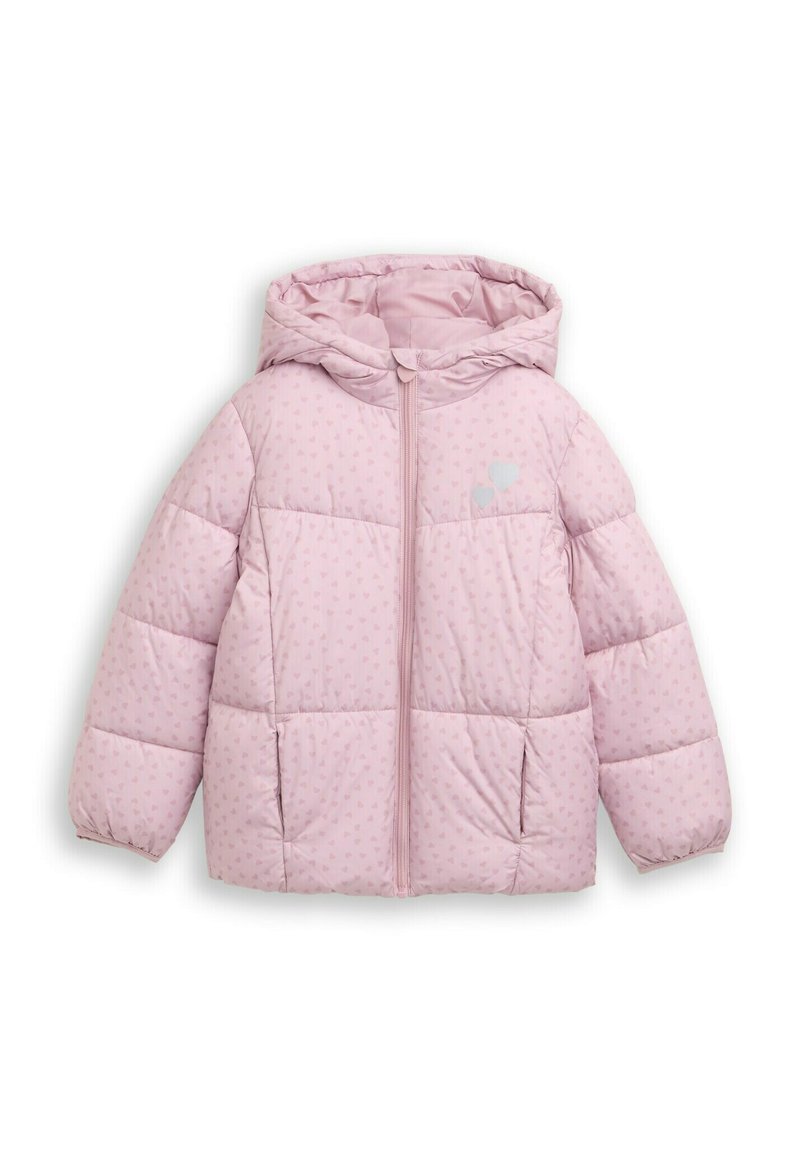 Roze pufferjack met capuchon, voorzien van een gewatteerd ontwerp, verborgen ritsluiting en subtiel hartpatroon overal.