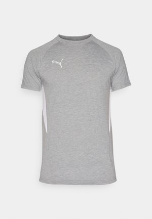 Šedé sportovní tričko s krátkými rukávy, klasický dekolt a bílé postranní panely. Logo na horní levé části hrudi.