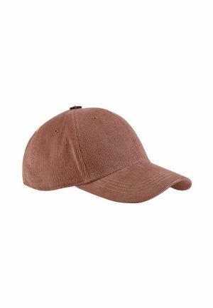 Braune Cord-Baseballkappe mit gebogenem Schirm und Lüftungslöchern, aus seitlicher Perspektive auf weißem Hintergrund dargestellt.