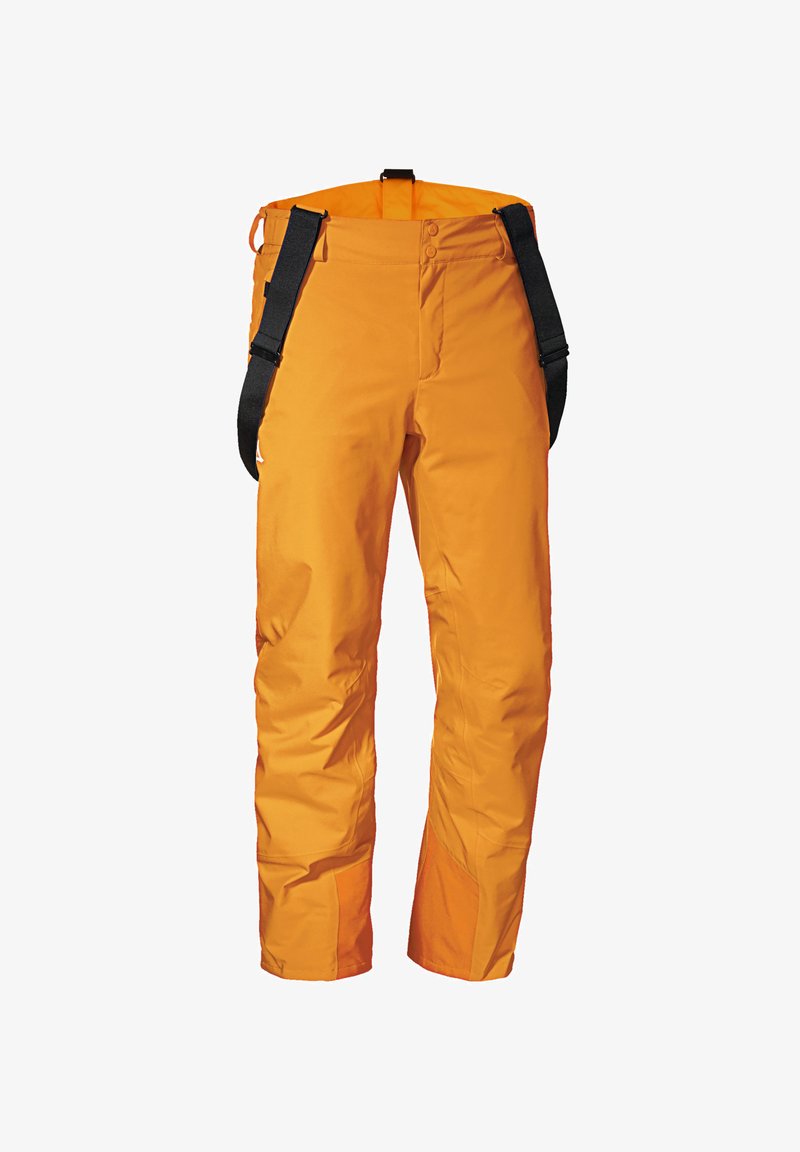 Klart orange utomhusbyxor med en slät yta, justerbara svarta hängslen och framknappar. Designade för hållbarhet och rörelse.