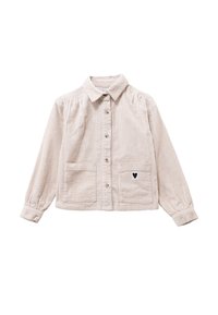 Beige ribfluwelen button-up jas met lange mouwen, twee voorzakken en een klein zwart hartlogo op de rechterzak.